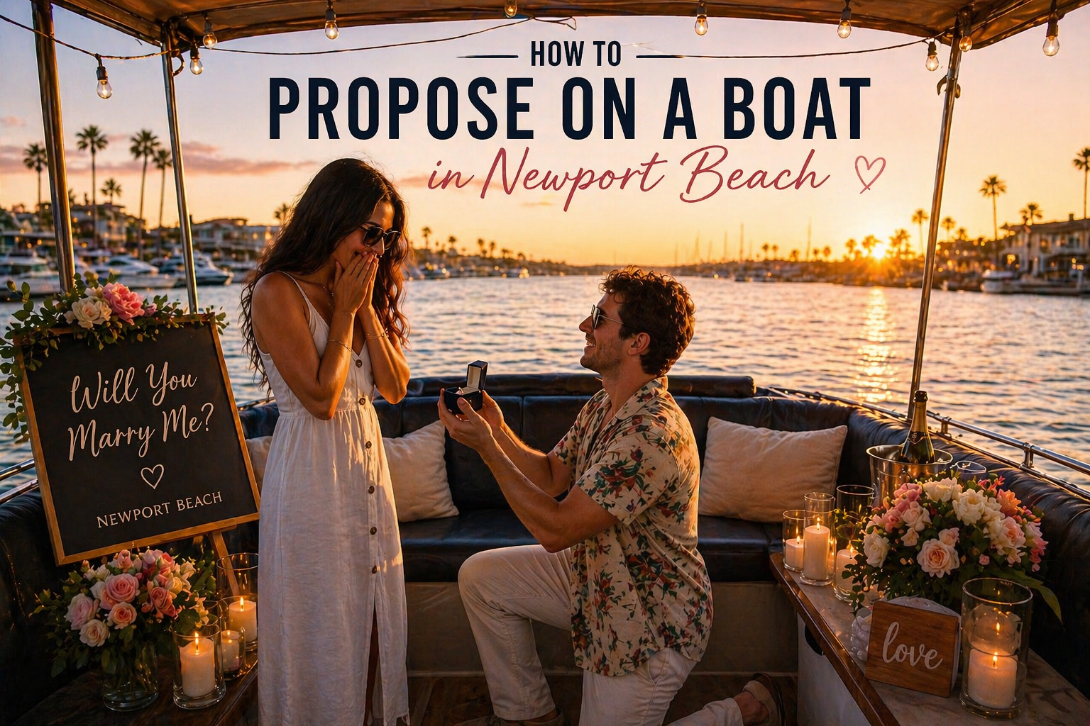Romantic proposal at Newport Beach sunset
