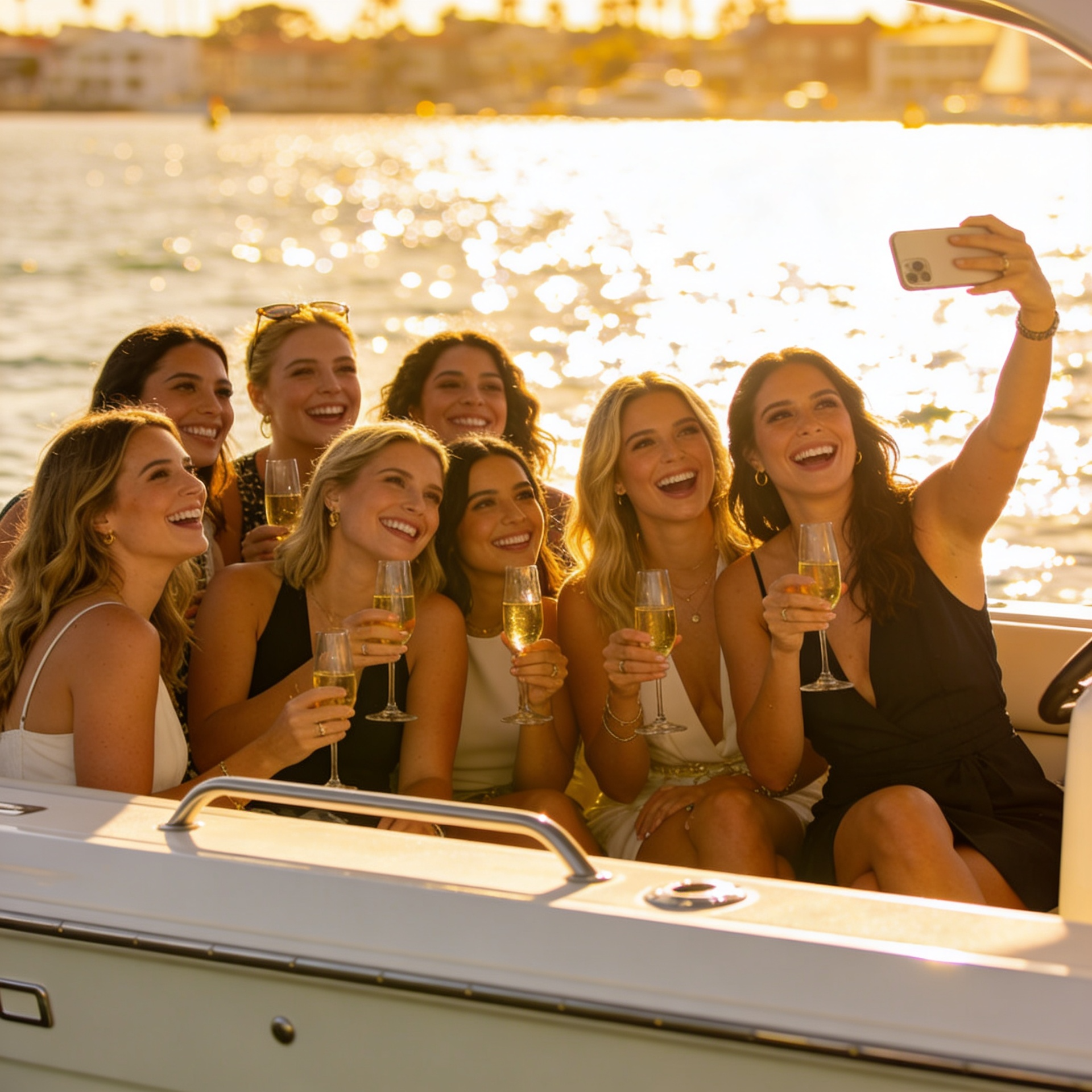 stylish women on a private electric boat in Newport Beach
